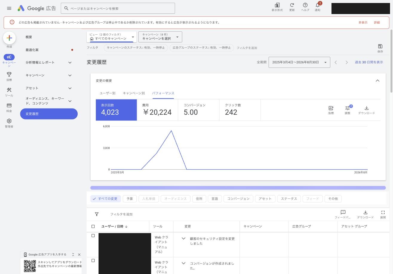 変更履歴の実画面。私の自社アカウントで開いたものです。アカウント名とメールアドレスは塗りつぶしてあります