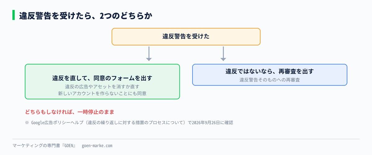 違反警告を受けたときの2つの対応、直して同意か再審査かの分かれ道を示した自作図解