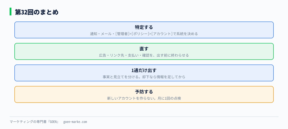 この回のまとめとして、特定と修正と1通の再審査と予防の4段を示した自作図解