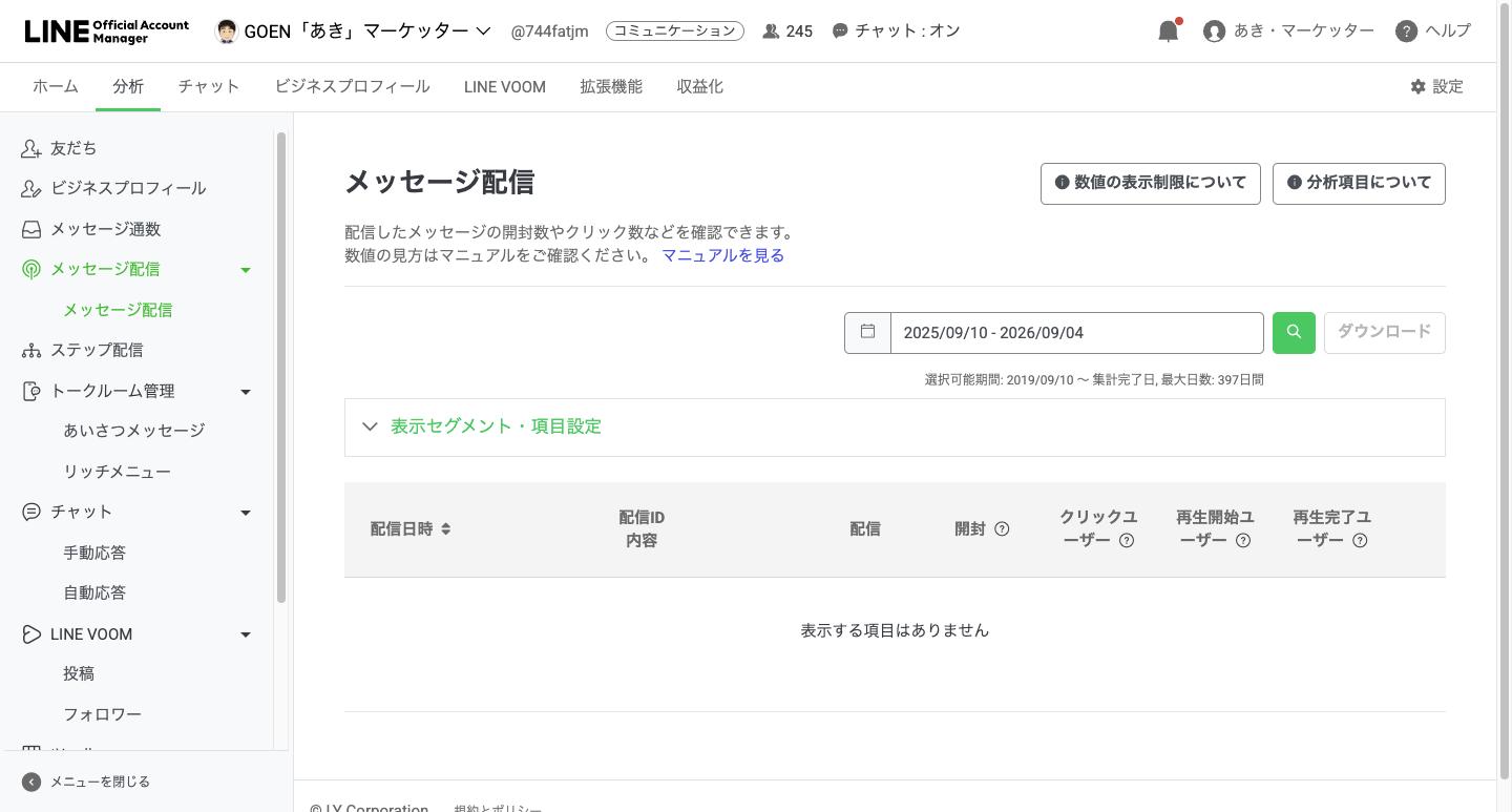 分析のメッセージ配信。期間を選ぶと、配信ごとの開封とクリックがここに並びます。まだ配信していないアカウントでは空のままです