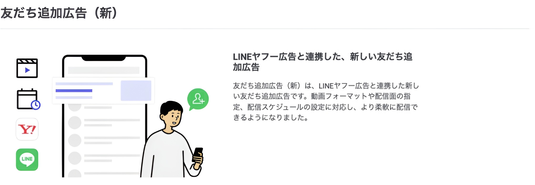 友だち追加広告(新)を開いたところ。LINEヤフー広告と連携した新しい仕組みだと説明されている