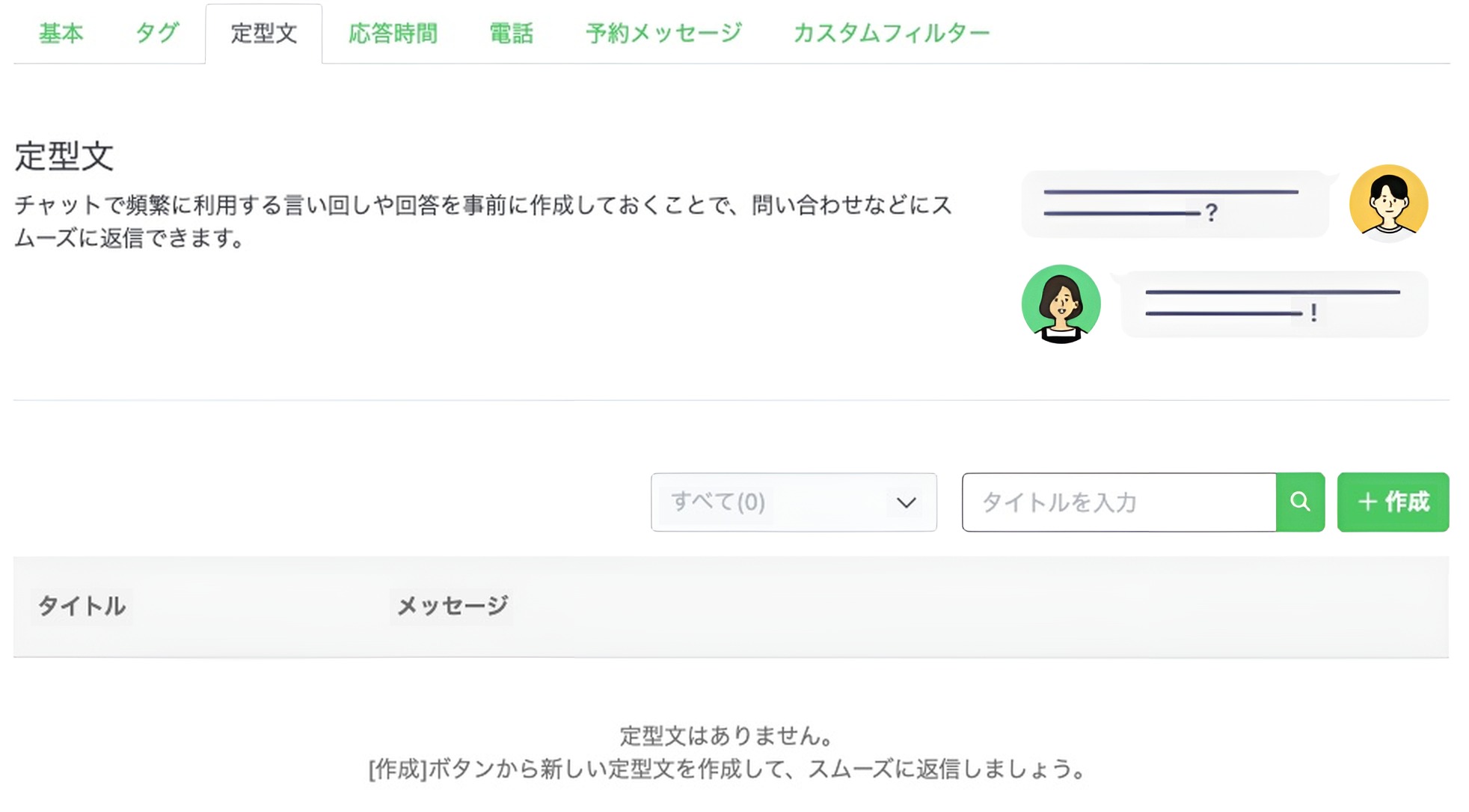 チャット設定の定型文。まだ1つも登録していないアカウントではこう見えます