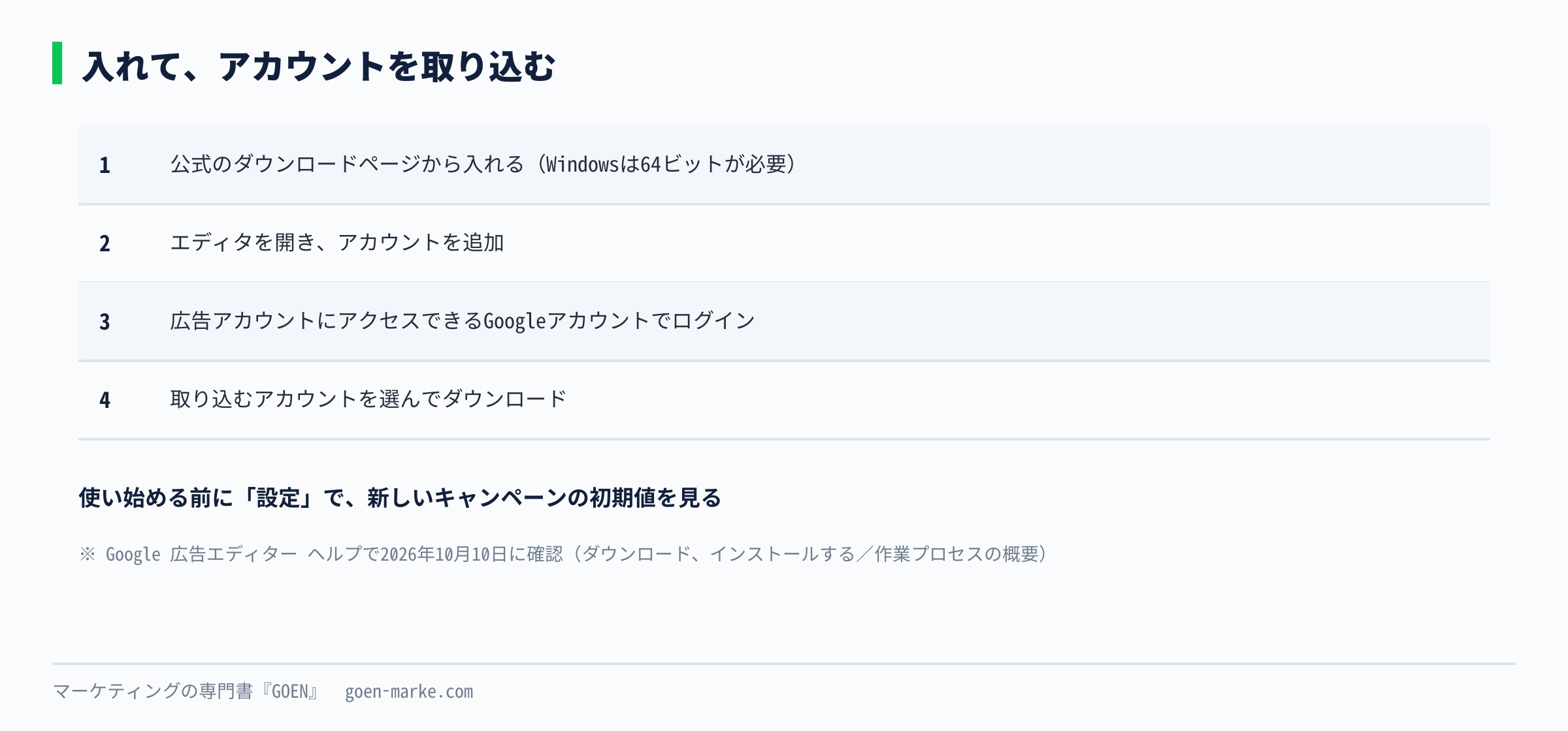 エディタをダウンロードして入れ、Googleアカウントでログインし、広告アカウントを取り込むまでの流れを示した自作図解