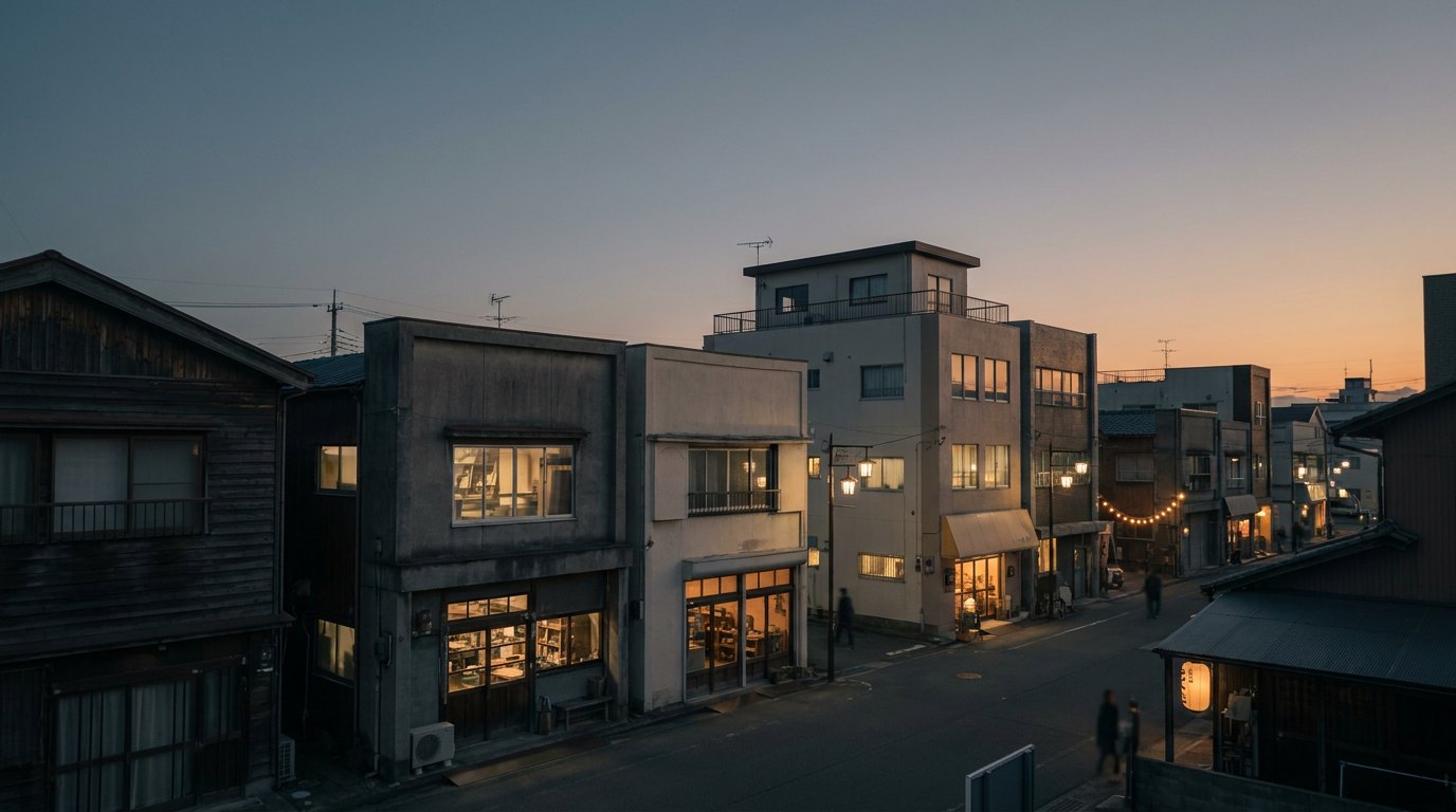夕暮れに明かりの灯った街の風景